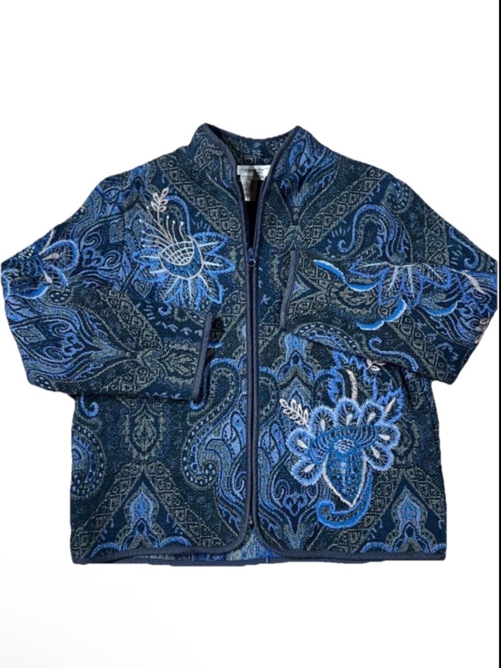 Coldwater Creek Blue Embroidered Paisley Cardigan Jacket w Gold Petite Small
